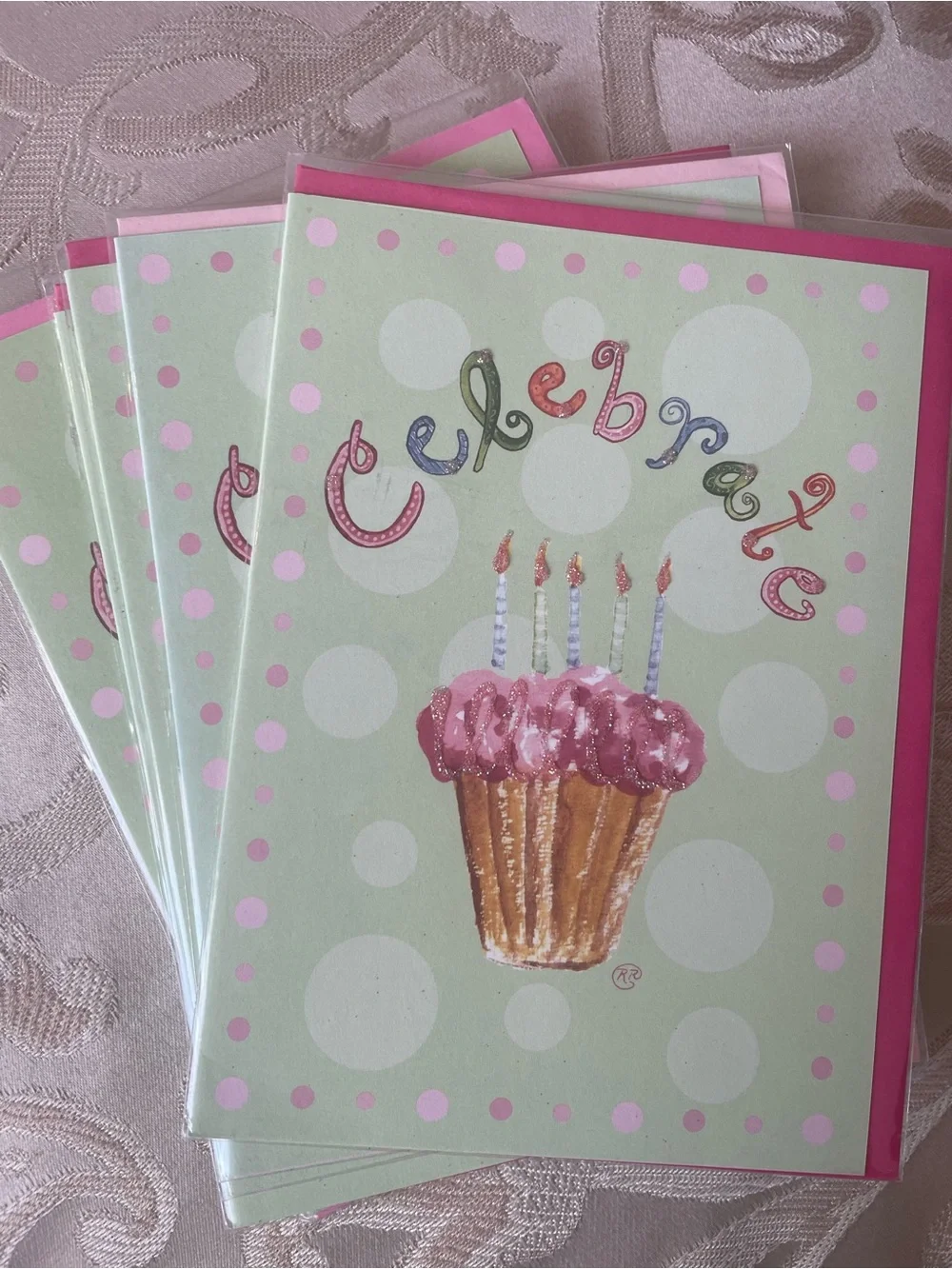 5 Pink Cupcake Celebration Cards with Cupcake and Candle Design